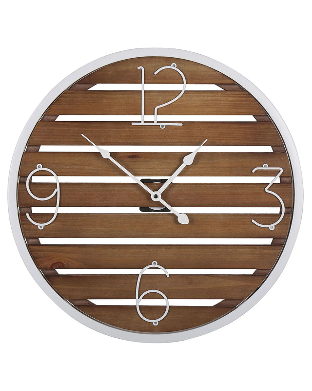 Wall Clock Dark Wood Round  50 cm Handmade Slatted Face White Metal Frame Beliani