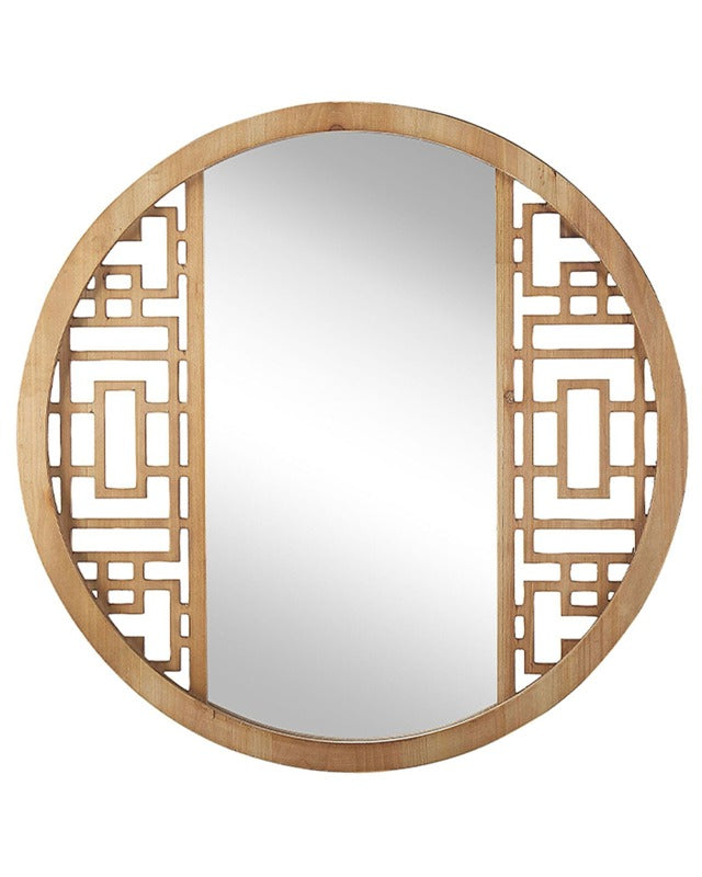 Wall Mirror Light Wood Round 60 cm Solid Wood Frame Handmade Geometric Rustic Beliani