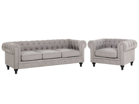 Chesterfield Living Room Set Light Grey Fabric Upholstery Dark Wood Legs 3 Seater Sofa + Armchair Beliani