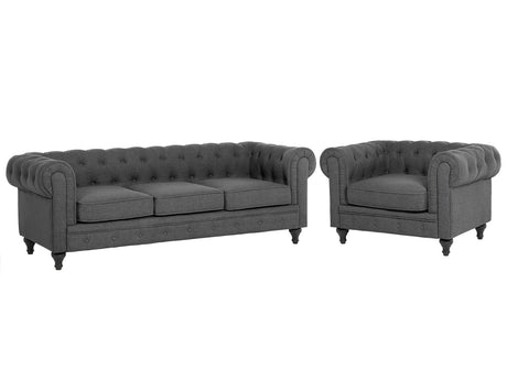 Chesterfield Living Room Set Grey Fabric Upholstery Dark Wood Legs 3 Seater Sofa + Armchair Beliani