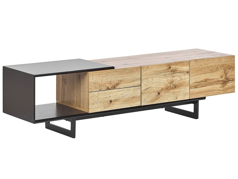 TV Stand Light Wood and Black MDF 160 cm Up To 70ʺ Drawers Shelves Modern Design Beliani