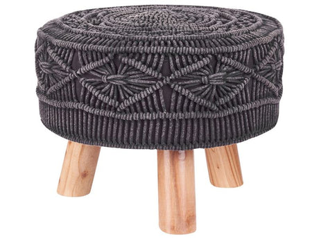 Footstool Graphite Grey Cotton with Wooden Legs Knitted Oriental Pattern Rustic Beliani