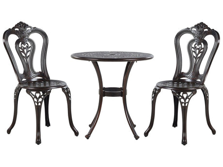 Bistro Set Brown Aluminium Garden Outdoor 2 Seater Table ø 65 cm 2 Chairs Vintage Beliani