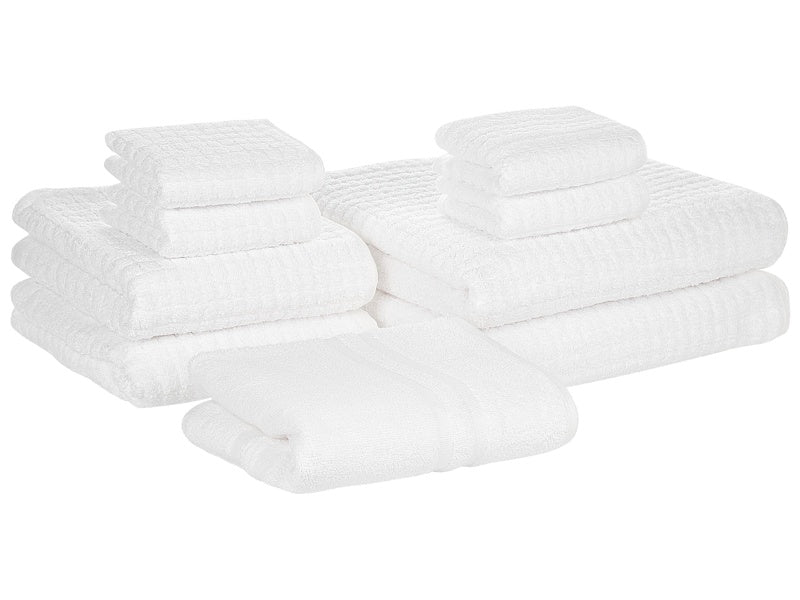 Set of 9 Towels White Cotton Low Twist Guest Hand Bath Towels and Bath Mat Beliani