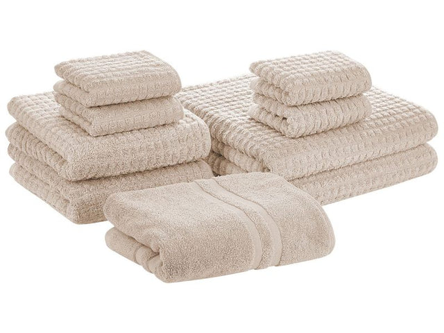 Set of 9 Towels Beige Cotton Low Twist Guest Hand Bath Towels and Bath Mat Beliani