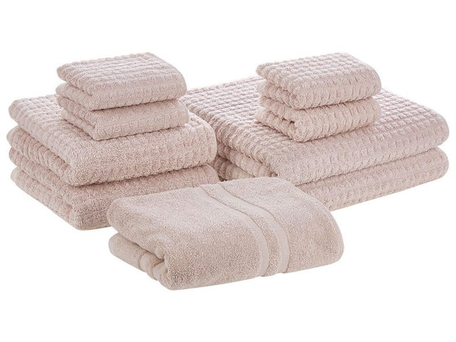 Set of 9 Towels Pink Cotton Low Twist Guest Hand Bath Towels and Bath Mat Beliani