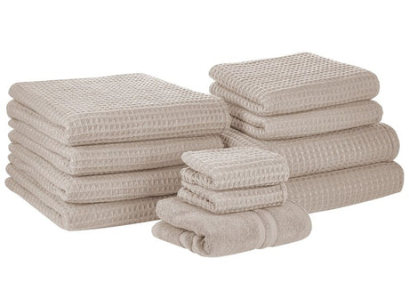 Set of 11 Towels Beige Cotton Low Twist Guest Hand Bath Towel Bath Sheet and Bath Mat Beliani