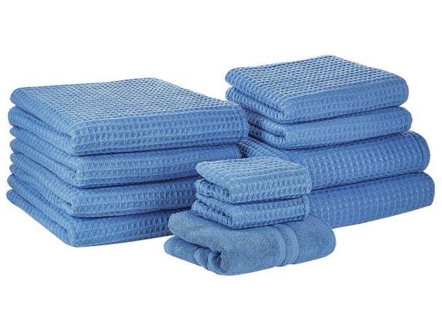 Set of 11 Towels Blue Cotton Low Twist Guest Hand Bath Towel Bath Sheet and Bath Mat Beliani