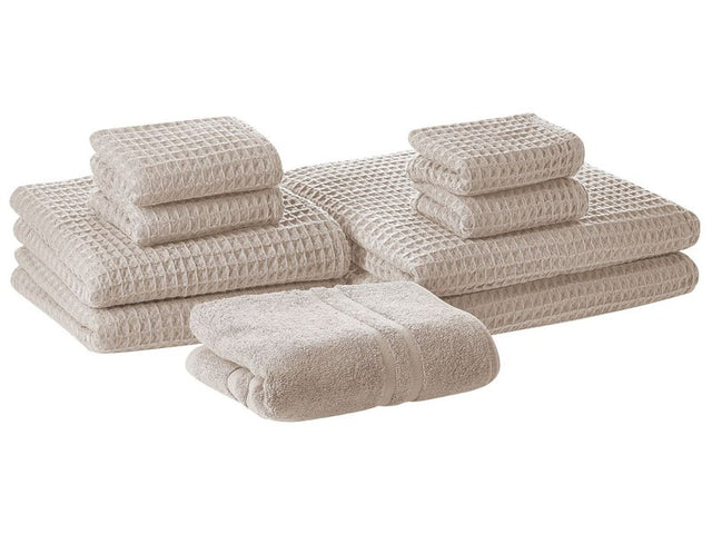 Set of 9 Towels Beige Cotton Zero Twist Guest Hand Bath Towels and Bath Mat Beliani