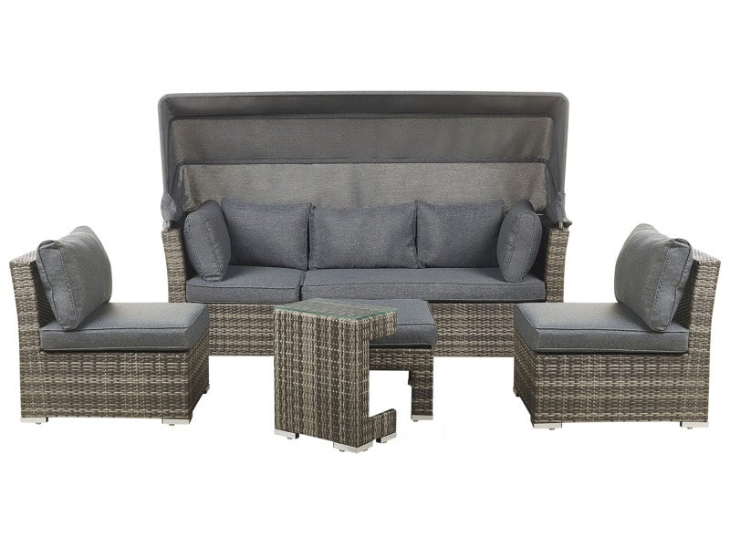 Outdoor Garden Set Grey Dark Brown PE Rattan Sofa with Canopy Chairs and Side Table Modern Design Beliani