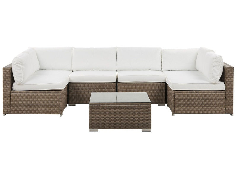 Outdoor Lounge Set Brown Faux Rattan White Cushions Modular Corner Sofa for 6 People Coffee Table Modern Garden Set Beliani