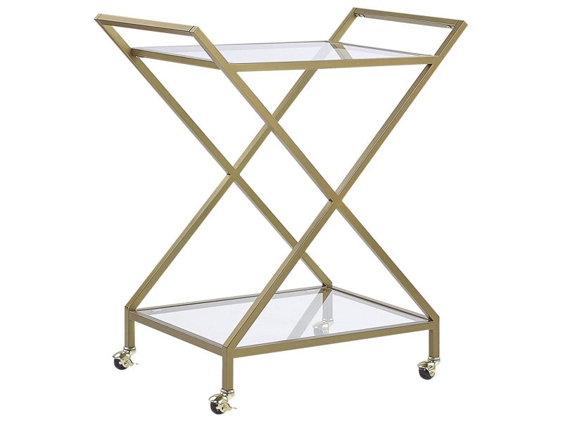 Kitchen Trolley Gold Metal Frame Clear Glass Tops Glamour Bar Cart with Lockable Castors Beliani