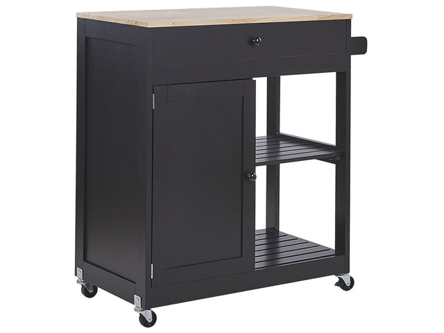 Kitchen Trolley Black MDF Rubberwood 75 x 43 x 87 cm Cabinet Towel Rack 2 Shelves Cutlery Drawer Castors Beliani