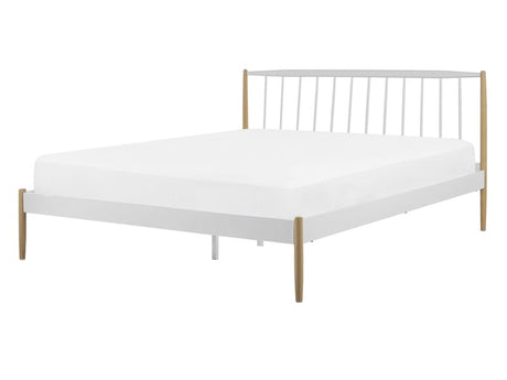 EU Double Size Panel Bed White with Light Wood Legs 4ft6 White Metal Frame Slatted Base Retro Scandinavian Beliani