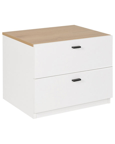 Bedside Table White with Light Wood MDF 2 Drawers Scandinavian Storage Bedroom Beliani