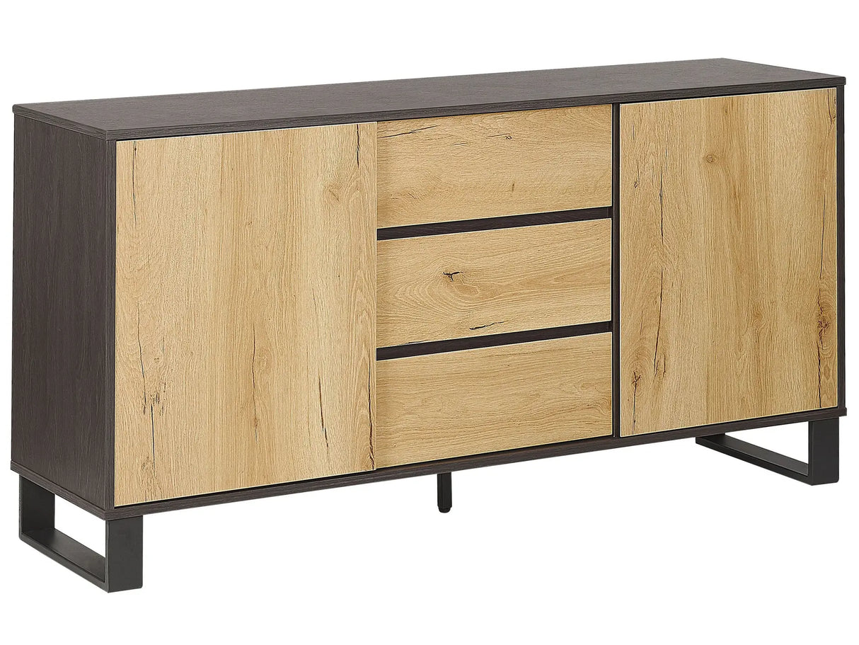 Sideboard Light Wood with Black Chest of Drawers Cabinet Storage Unit Bedroom Living Room Beliani