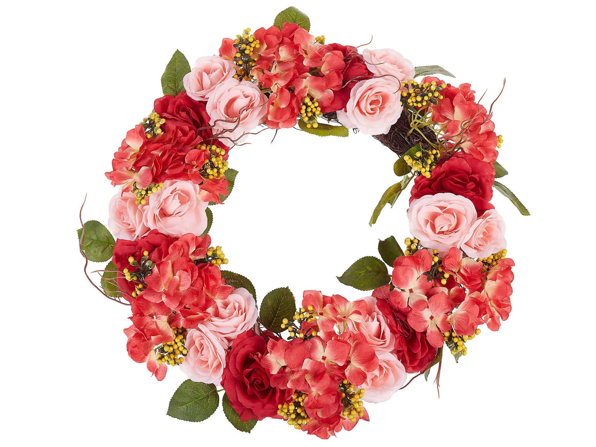 Door Wreath Red and Pink Handmade Decorative Artificial Flower Round 50 cm Table Wall Dcor Traditional Rustic Style Beliani