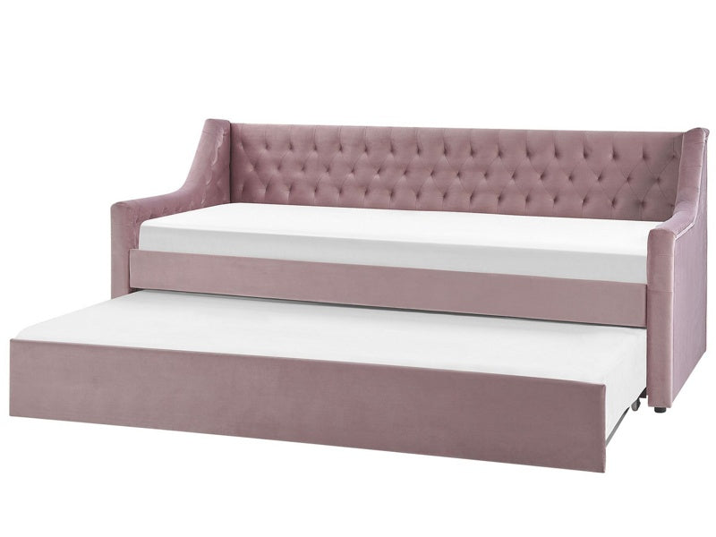 Trundle Bed Frame Pink EU Velvet Single Size 3ft Slatted Frame Buttoned Glam Beliani