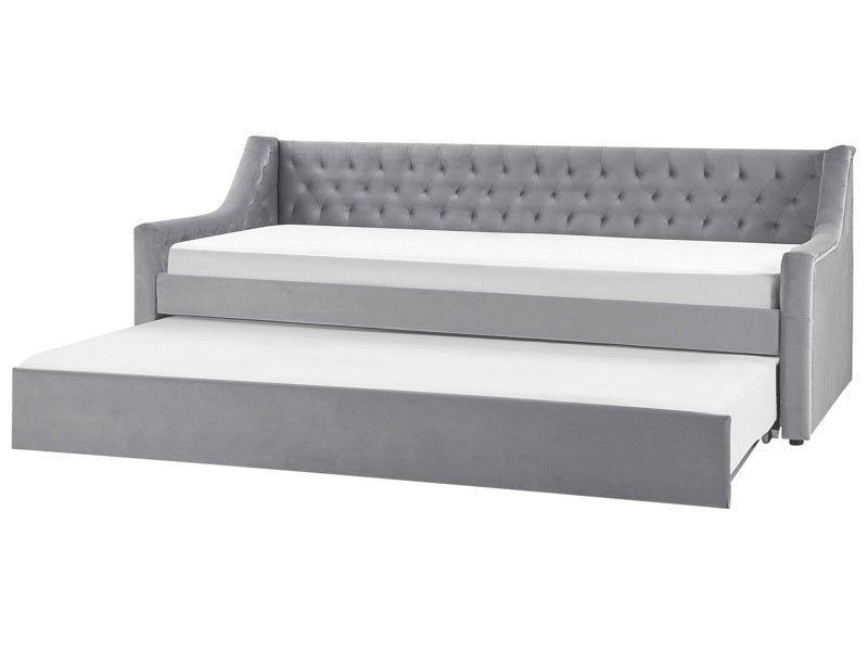 Trundle Bed Frame Grey EU Velvet Single Size 3ft Slatted Frame Buttoned Glam Beliani