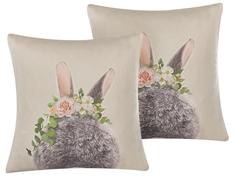 Set of 2 Decorative Cushions Taupe Cotton Easter Bunny Print 45 x 45 cm Square  Beliani