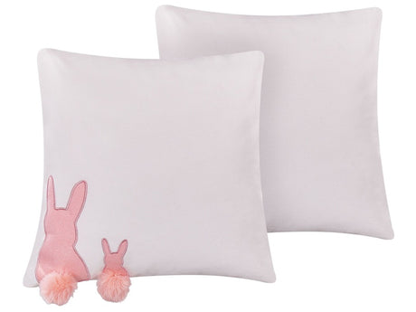 Set of 2 Decorative Cushions White with Pink Cotton 45 x 45 cm Rabbit Embroidery Pompom Tails Scatter Pillows Living Room Easter Bunny Beliani