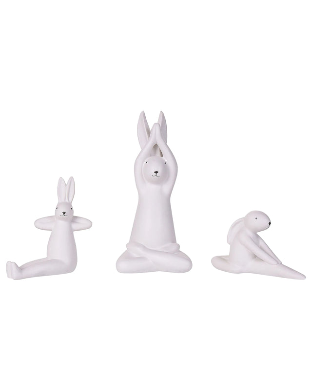 Bunny Figurines White Set of 3 White  Finish Ceramic Easter Handmade Yoga Pose Table Decor Beliani