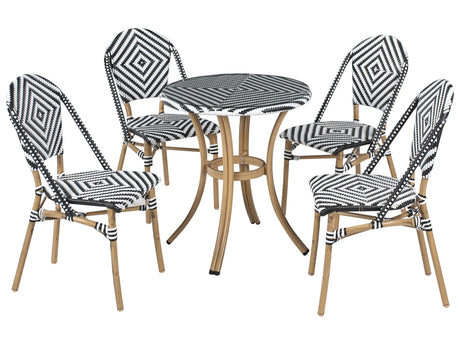 4 Seater Garden Dining Set Black and White PE Rattan Top  70 Table and 4 Stackable Aluminium Frame Beliani