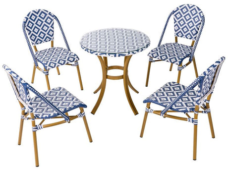 4 Seater Garden Dining Set Blue and White PE Rattan Top ø 70 Table and 4 Stackable Aluminium Frame   Beliani