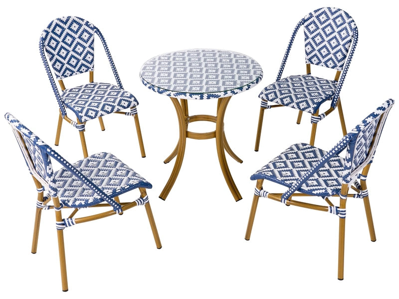 4 Seater Garden Dining Set Blue and White PE Rattan Top  70 Table and 4 Stackable Aluminium Frame   Beliani