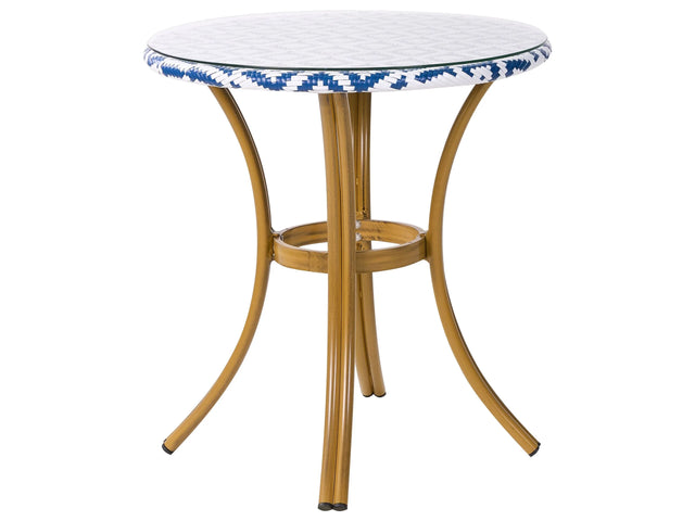 Garden Table Blue and White PE Rattan Top  70 cm Glass and Aluminium Frame   Beliani