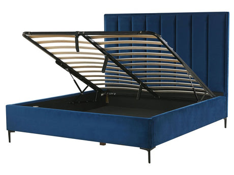 Bed Frame Navy Blue Velvet EU King Size 5ft3 with Ottoman Storage Padded Headboard Black Metal Legs Beliani