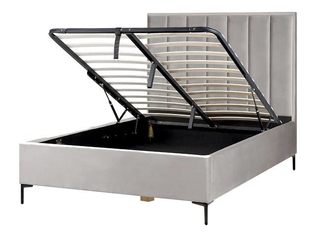 Bed Frame Light Grey Velvet EU Double Size 4ft6 with Ottoman Storage Padded Headboard Black Metal Legs Beliani