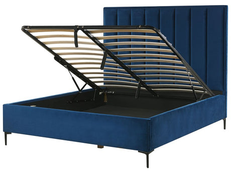 Bed Frame Navy Blue Velvet EU Double Size 4ft6 with Ottoman Storage Padded Headboard Black Metal Legs Beliani