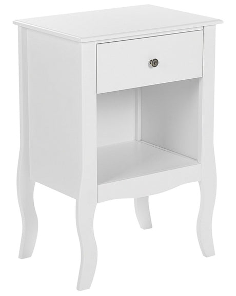 Bedside Table White MDF Storage Drawer Shelf Curvy Cabriole Legs Metal Knob Handle Scandinavian Design Beliani