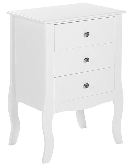 Bedside Table White MDF 3 Storage Drawers Curvy Cabriole Legs Metal Knob Handles Scandinavian Design Beliani