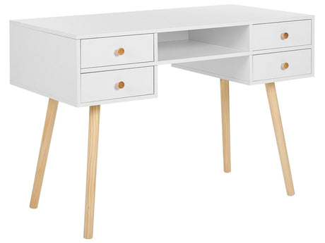 Home Office Desk White 4 Storage Drawers Light Solid Wood Legs 110 x 55 cm Scandinavian Beliani