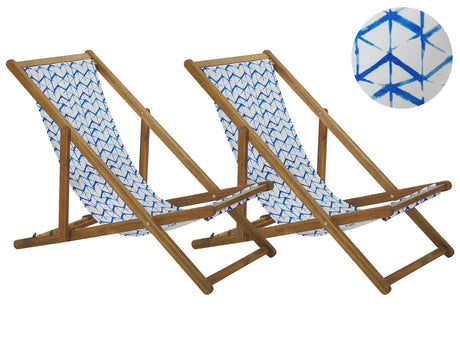 Set of 2 Garden Deck Chairs Light Acacia Wood Frame White and Blue Replacement Fabric Hammock Seat Reclining Folding Sun Lounger Beliani