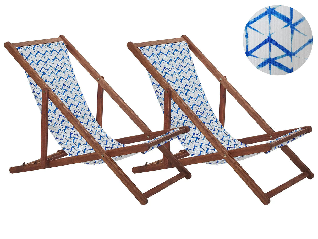 Set of 2 Garden Deck Chairs Dark Acacia Wood Frame White and Blue Replacement Fabric Hammock Seat Reclining Folding Sun Lounger Beliani