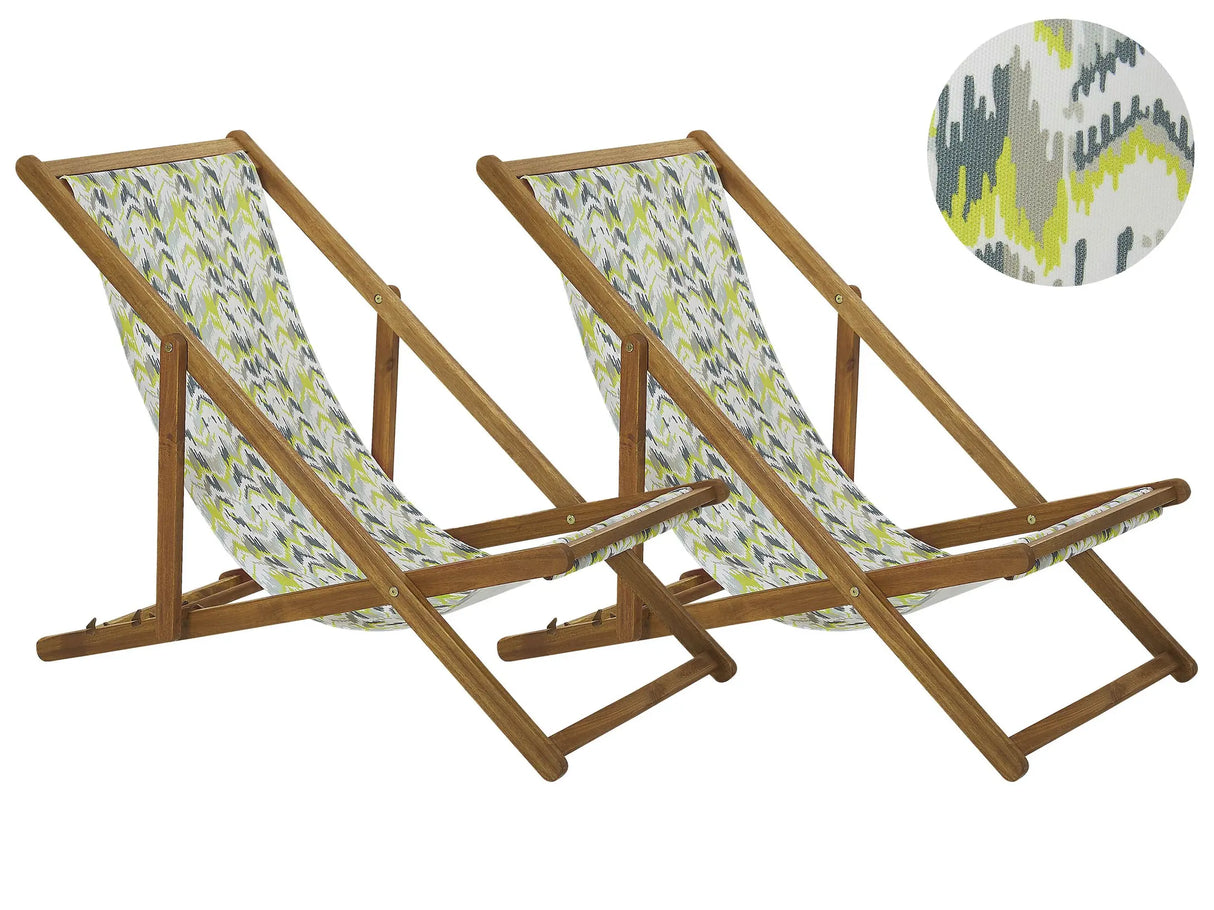 Set of 2 Garden Deck Chairs Light Acacia Wood Frame Yellow and Grey Replacement Fabric Hammock Seat Reclining Folding Sun Lounger Beliani