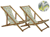 Set of 2 Garden Deck Chairs Light Acacia Wood Frame Yellow and Grey Replacement Fabric Hammock Seat Reclining Folding Sun Lounger Beliani