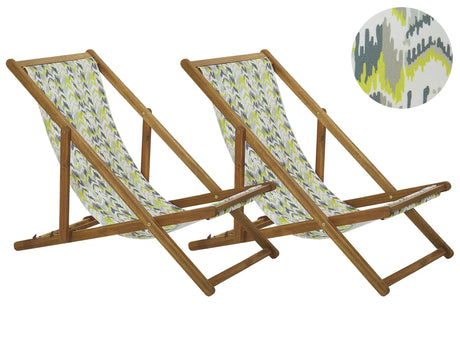 Set of 2 Garden Deck Chairs Light Acacia Wood Frame Yellow and Grey Replacement Fabric Hammock Seat Reclining Folding Sun Lounger Beliani