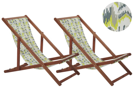 Set of 2 Garden Deck Chairs Dark Acacia Wood Frame Yellow and Grey Replacement Fabric Hammock Seat Reclining Folding Sun Lounger Beliani