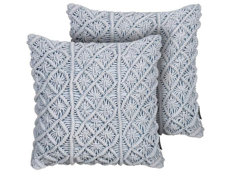 Set of 2 Decorative Cushions Blue Cotton Macramé 40 x 45 cm Rope Boho Retro Decor Accessories Beliani