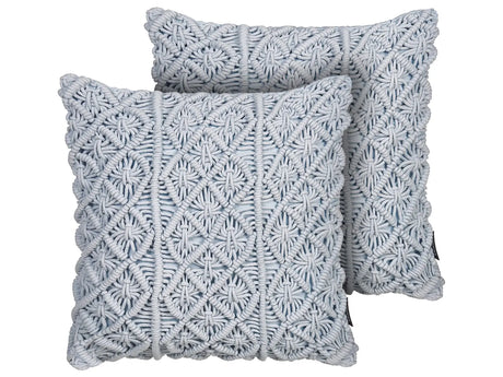 Set of 2 Decorative Cushions Blue Cotton Macram 40 x 45 cm Rope Boho Retro Decor Accessories Beliani