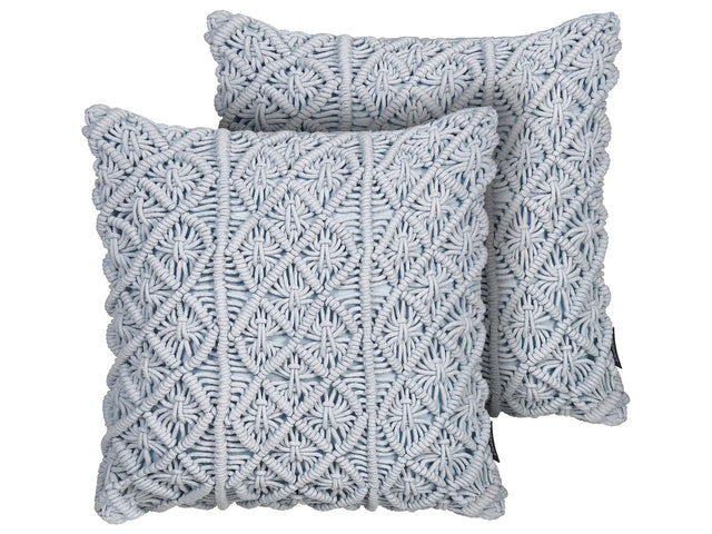 Set of 2 Decorative Cushions Blue Cotton Macram 40 x 45 cm Rope Boho Retro Decor Accessories Beliani