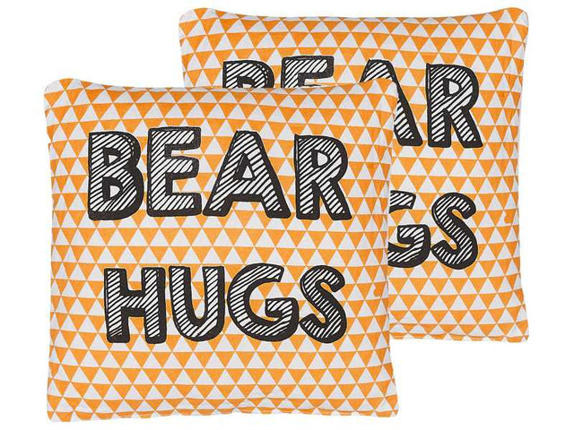 Set of 2 Kids Cushions Orange Cotton 40 x 40 cm Bear Hugs Print Triangle Pattern Square Shape Children Room Beliani