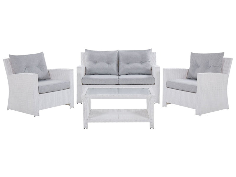 Garden Sofa Set White Faux Rattan Grey Cushions Outdoor Wicker Conversation Set Beliani