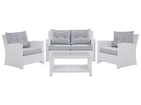 Garden Sofa Set White Faux Rattan Grey Cushions Outdoor Wicker Conversation Set Beliani