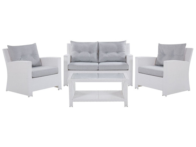 Garden Sofa Set White Faux Rattan Grey Cushions Outdoor Wicker Conversation Set Beliani