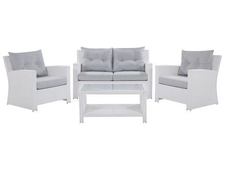 Garden Sofa Set White Faux Rattan Grey Cushions Outdoor Wicker Conversation Set Beliani